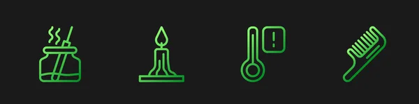 Set Line Sauna Thermometer, Aromadiffusor, brennende Kerze und Haarbürste. Farbverlauf-Symbole. Vektor — Stockvektor