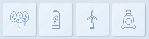 Set Line Baum, Windkraftanlage, Eco Nature Blatt Batterie und Müllsack mit Recycling. Weiße quadratische Taste. Vektor — Stockvektor