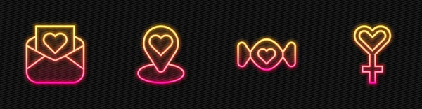 Définir la ligne Bonbons, Enveloppe avec coeur de Saint-Valentin, Emplacement et symbole de genre féminin. Icône lumineuse au néon. Vecteur — Image vectorielle