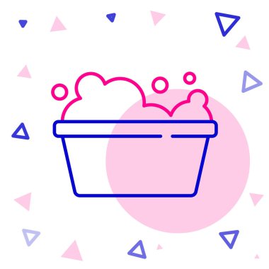 Beyaz zemin üzerinde sabun köpüğü simgesi olan çizgi plastik leğen. Sulu kase. Çamaşır yıkama, temizlik malzemeleri. Renkli taslak konsepti. Vektör