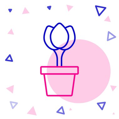 Beyaz arkaplanda tencere ikonundaki çizgi çiçeği lalesi izole edildi. Tencerede yetişen bir bitki. Saksı bitkisi işareti. Renkli taslak konsepti. Vektör