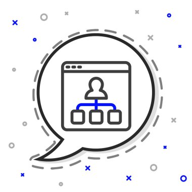 Çevrimiçi eğitim ve mezuniyet ikonu beyaz arka planda izole edildi. İnternetteki öğretmen monitörde. Giyinme ve video semineri öğrenme. Renkli taslak konsepti. Vektör