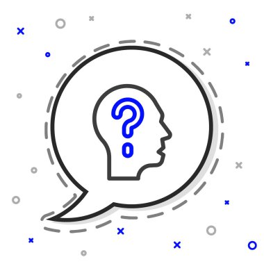 Beyaz arka planda soru işareti simgesi olan çizgi insan kafası. Renkli taslak konsepti. Vektör