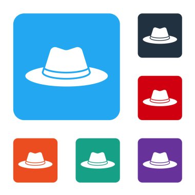 Beyaz Batılı kovboy şapkası simgesi beyaz arka planda izole edilmiş. Renkli kare düğmelerle simgeleri ayarla. Vektör