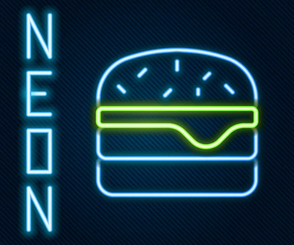 Leuchtende neonfarbene Burger-Ikone auf schwarzem Hintergrund. Hamburger Ikone. Cheeseburger Sandwich-Schild. Fast Food Menü. Buntes Rahmenkonzept. Vektor — Stockvektor