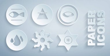 Güneş, madalyon, göz, su damlası, kayan yıldız, hava elementi ve balık burcu ikonu. Vektör