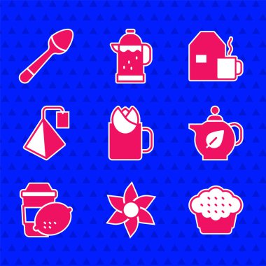 Gül, Çiçek, Kek, Çaydanlık yaprağı, limon, torba, süt ve çay kaşığı ikonu ile çay hazırla. Vektör