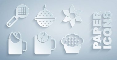 Çay saati, çiçek, bir fincan çay, gül, kek, süzgeç ve ikon koy. Vektör