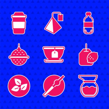 Çay poşeti, sigara, çaydanlık, limon, yaprak, süzgeç, bir şişe su ve ikon. Vektör