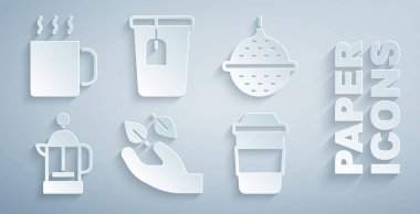 Elinde çay yaprağı, top çay süzgeci, Fransız presi, çantalı ve ikonlu kahve. Vektör