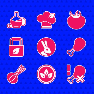 Set Tavşan, Vegan yemek diyeti tavuk budu, tavuk, soğan, geri dönüşümlü alışveriş torbası, domates ve zeytinyağı ikonu. Vektör