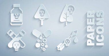 Zehirli hap, çiçek, iksirli şişe, ok, kemik, kafatası ve ikon hazırla. Vektör