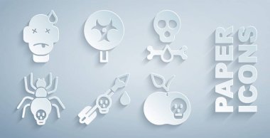 Oka, kemiğe ve kafatasına, zehirli örümceğe, elmaya, biyolojik tehlike sembolüne ve insan zehirleme ikonuna zehir koyun. Vektör