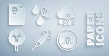 Şırınga, asit yağmuru, biyolojik tehlike sembolü, kemik ve kafatası ve Radyasyon uyarı belgesi ikonu. Vektör