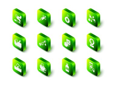 Şırıngayı, nükleer bombayı, kimyasal formülü, radyoaktif konumu, panzehiri, cıvayı, zehirli alkolü ve kafatası ikonunu hazırla. Vektör