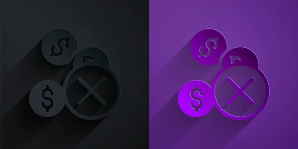 Corte de papel No hay icono de dinero aislado en negro sobre fondo púrpura. Estilo de arte de papel. Vector — Vector de stock