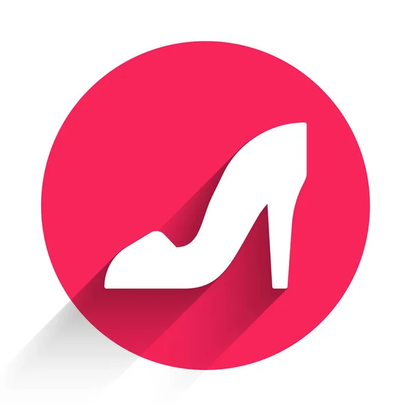 Белая женская обувь с высоким каблуком, изолированная на длинном теневом фоне. Кнопка красного круга. Вектор — стоковый вектор