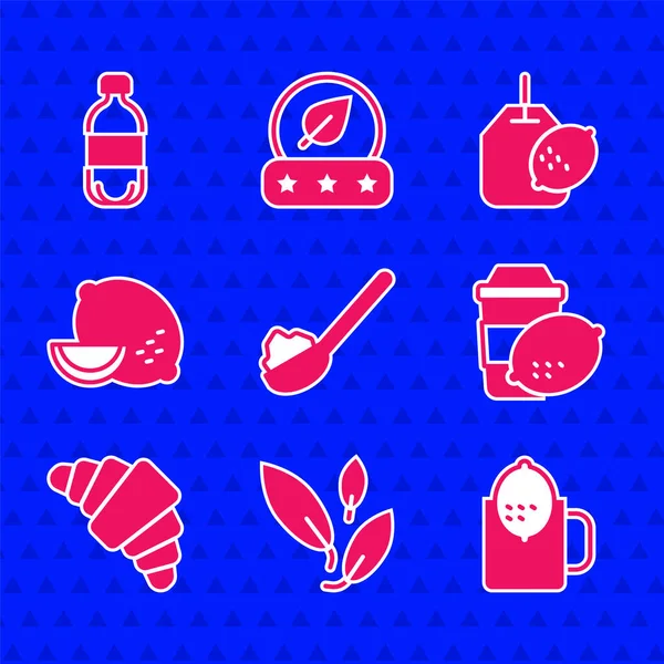 Set Spoon with sugar, Tea leaf, Cup of tea lemon, Croissant, Lemon, bag and Bottle water icon. Vektor — Stockový vektor