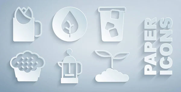 Fransız presi, buzlu çay, kek, çay yaprağı ve bir fincan gül ikonu. Vektör — Stok Vektör
