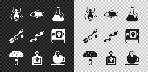 Set Poisonous spider, Puffer fish, Beaker with toxic liquid, Fly agaric mushroom, Bottle potion, Coffee cup skull, the arrow and Snake icon. Vector — Stock Vector