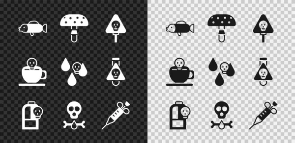 Set Puffer fish, Fly agaric mushroom, Bones and skull, Beaker with toxic liquid, Syringe, Coffee cup and Acid rain icon. Vector — Stock Vector