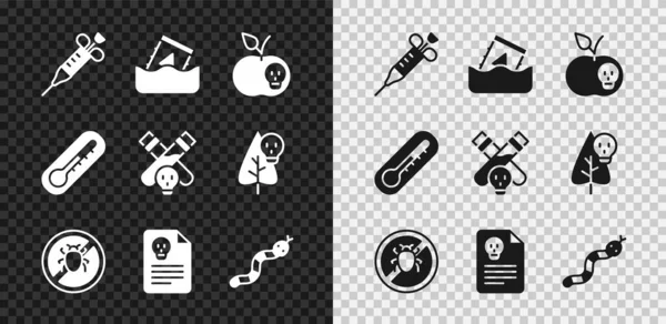 Set Spritze, Fass mit radioaktivem Abfall, Giftapfel, Colorado-Käfer stoppen, Strahlenwarndokument, Schlange, Thermometer und Flasche mit Trank-Symbol. Vektor — Stockvektor