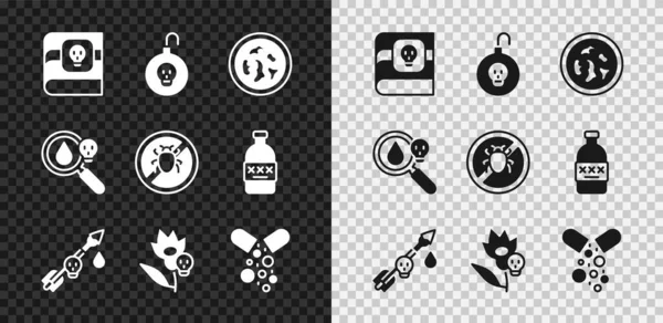 Set Book about poisons, Nuclear bomb, Petri dish with bacteria, Poison the arrow, flower, Poisoned pill, magnifying glass and Stop colorado beetle icon. Vector — Stock Vector