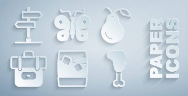 Buzlu viski, Armut, Yürüyüş sırt çantası, Tavuk budu, Kelebek ve Yol trafik işareti ikonu koyun. Vektör