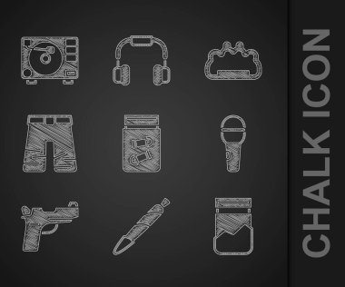 Kurşun, esrar, esrar, uyuşturucu, plastik, mikrofon, tabanca ya da tabanca, geniş pantolon, pirinç muşta ve vinil disk ikonu ile kanıt torbası hazırla. Vektör