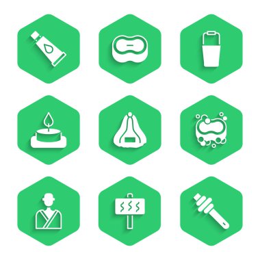 Sauna şapkası, Bal Çubuğu, Sabun Çubuğu, Saunadaki Adam, Aroma mumu, Kova ve Krem veya Losyon Kozmetik Tüpü ikonu. Vektör