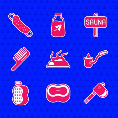 Kamp ateşi, sabun, tahta balta, sauna kepçesi, çamaşır bezi, saç fırçası ve ikon. Vektör