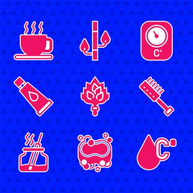 Sauna süpürgesi, sabun, su sıcaklığı, fırça, Aroma ayırıcı, krem veya losyon kozmetik tüpü, termometre ve fincan çay ikonu. Vektör