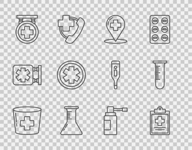 Haçlı hemşire şapkası, tıbbi pano klinik kaydı, harita göstergesi hastanesi, test tüpü ve matarası, hastane tabelası, acil durum sembolü, şişe hortumu spreyi ve ikon. Vektör