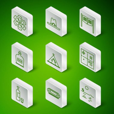 Kaktüs, armonika, Revolver silindiri, Kızılderili çadırı ya da çadırı, Alkol içeceği şişesi, kovboy şapkası, viski bardağı ve hazine haritası ikonu olan çöl manzarası. Vektör