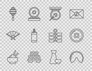 Çubuklu pirinç, Çin fal kurabiyesi, Gong, Sushi kesme tahtası, kağıt fener, Havai fişek, çay seremonisi ve Yuan para birimi ikonu. Vektör