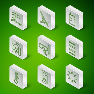 Sun, lütfen rahatsız etmeyin, güneş paneli ve şemsiye, dalış maskesi şnorkeli, rafting botu, meteoroloji termometresi ve plaj havlusu ikonu. Vektör