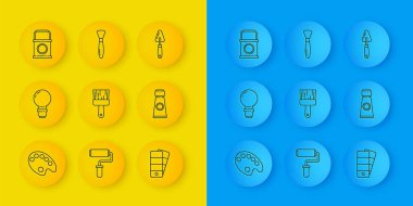 Palet, ampul, boya fırçası, boya paletli tüp, kova, bıçak ve ikon. Vektör