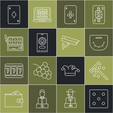 Set oyun zarları, Cipsler için Sopa, Poker masası, Kulüplerle kağıt oynamak, Kumarhane poker turnuvası davetiyesi, Kumar makinesi, elmaslar ve güvenlik kamerası ikonu. Vektör
