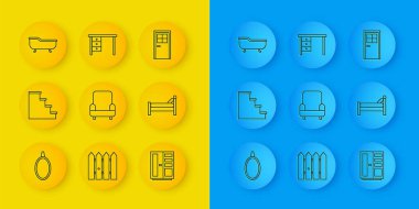 Ayna, Merdiven, Koltuk, Gardırop, Yatak, Küvet, Kapalı Kapı ve Ofis Masası ikonu. Vektör