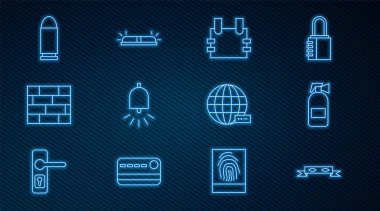 Hırsız maskesini, yangın söndürücüyü, kurşun geçirmez yeleği alarm zilini, tuğlaları, sosyal ağı ve Flasher Siren ikonunu ayarla. Vektör