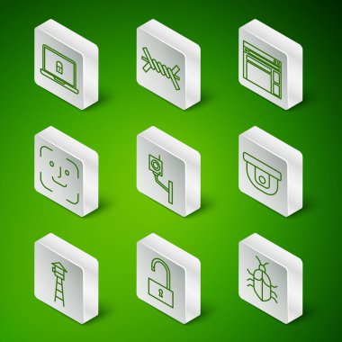 Hat sistemi hata konsepti, açık asma kilit, dizüstü bilgisayar ve güvenlik kamerası, yüz tanıma, dikenli tel, izleme kulesi ve hareket sensörü simgesi. Vektör