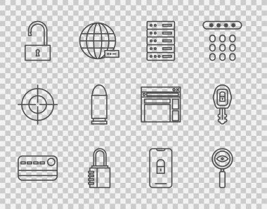 Hat kartı, büyüteç araması, sunucu, veri, web sunucusu, güvenlik kilidi, asma kilit, kurşun, mobil, kapalı ve araba anahtarı uzak simgesi. Vektör