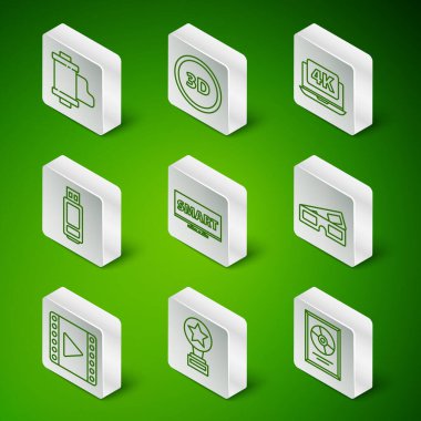 CD CD CD ödülünü çerçeve, Movie kupası, kamera klasik film rulo kartuşu, akıllı video, USB flash disk, 3D sözcük, Play Video ve sinema gözlüğü ikonu ile ekran TV olarak belirleyin. Vektör