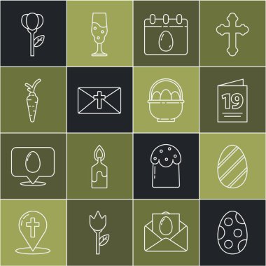 Paskalya yumurtası, Mutlu, Takvim, Havuç, Çiçek lalesi ve Paskalya yumurtası ikonlu tebrik kartı. Vektör