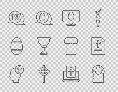 Hristiyan haçı, Paskalya pastası, paskalya yumurtası, Hıristiyan, mutlu, kadehli insan kafası dizüstü bilgisayar ekranında çapraz çizgi ve tebrik kartı ikonu. Vektör