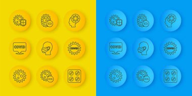 Virüs hattı, Corona virüsü covid-19, tıbbi koruyucu maskeli surat, su toplayan hap, kalkan koruması, insan ve negatif ikon. Vektör