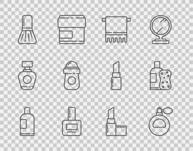 Şampuan şişesi, parfüm, askıda havlu, tırnak cilası şişesi, makyaj fırçası, terleme önleyici deodorant rulo, ruj ve sünger simgesi. Vektör