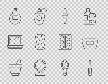 Havan ve tokmak, tırnak törpüsü, Pipette, yuvarlak makyaj aynası, parfüm, köpüklü sünger, El ve Krem losyon kozmetik tüp ikonu. Vektör