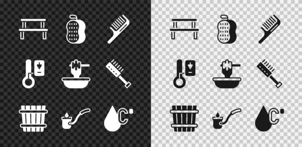 Set Sauna wood bench, Washcloth, Hairbrush, bucket, ladle, Water temperature, thermometer and Honey dipper stick with bowl icon. Vector — Stock Vector