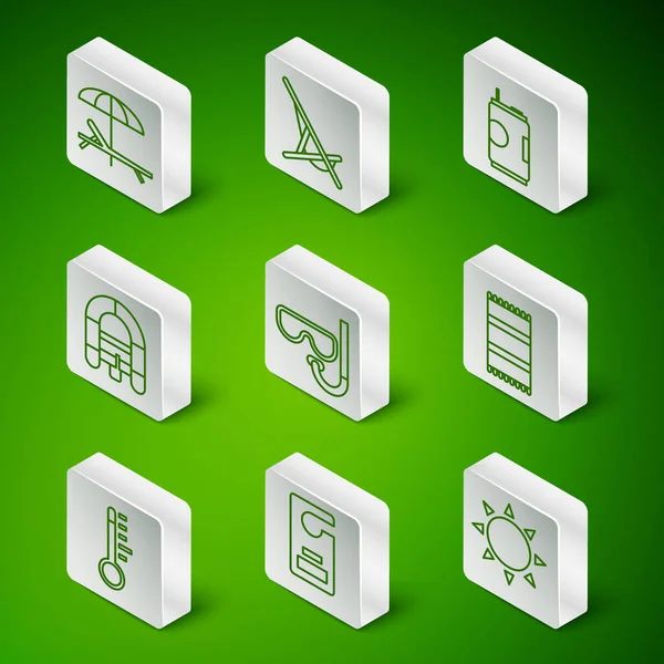 Sun, lütfen rahatsız etmeyin, güneş paneli ve şemsiye, dalış maskesi şnorkeli, rafting botu, meteoroloji termometresi ve plaj havlusu ikonu. Vektör